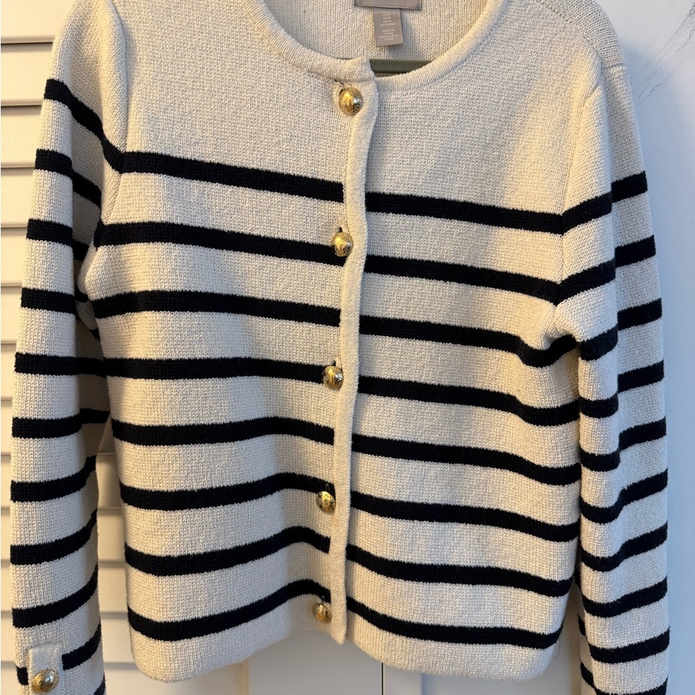 H&M Cream and Black Striped Knit Button-Front Jacket
